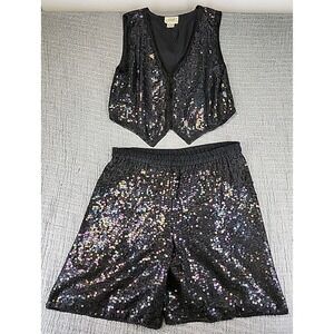 Vintage SNF Black 100% Silk Sequin 2 Piece Dress Sleeveless Top W/ Shorts Size M